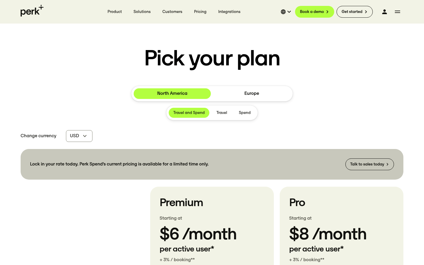 Screenshot of TravelPerk's pricing page showing its plans and prices
