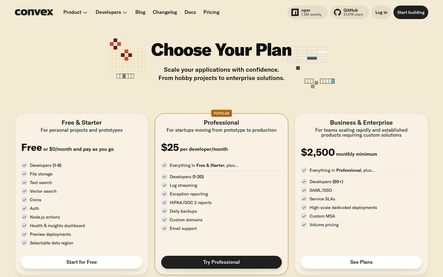 Screenshot of Convex's pricing page showing its plans and prices