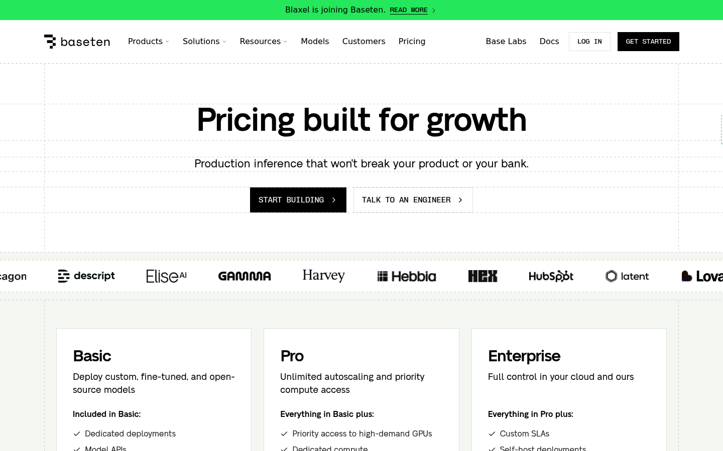 Screenshot of Baseten's pricing page showing its plans and prices