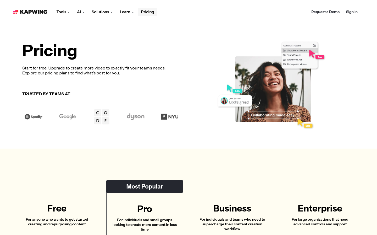 Screenshot of Kapwing's pricing page showing its plans and prices