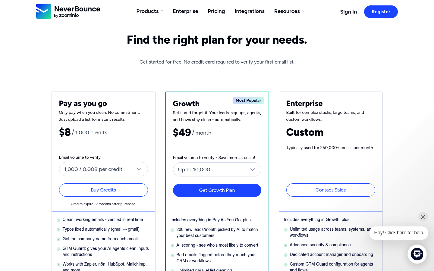 Screenshot of NeverBounce's pricing page showing its plans and prices