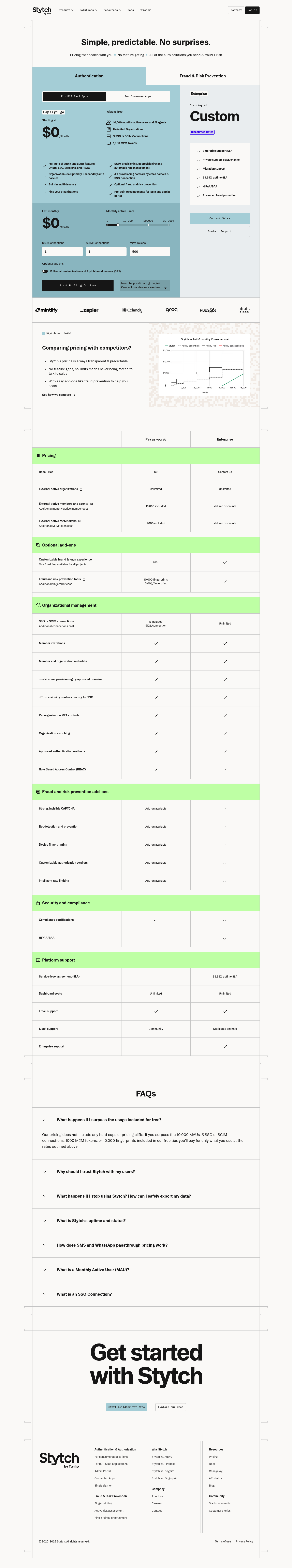 Screenshot of Stytch's pricing page showing its plans and prices