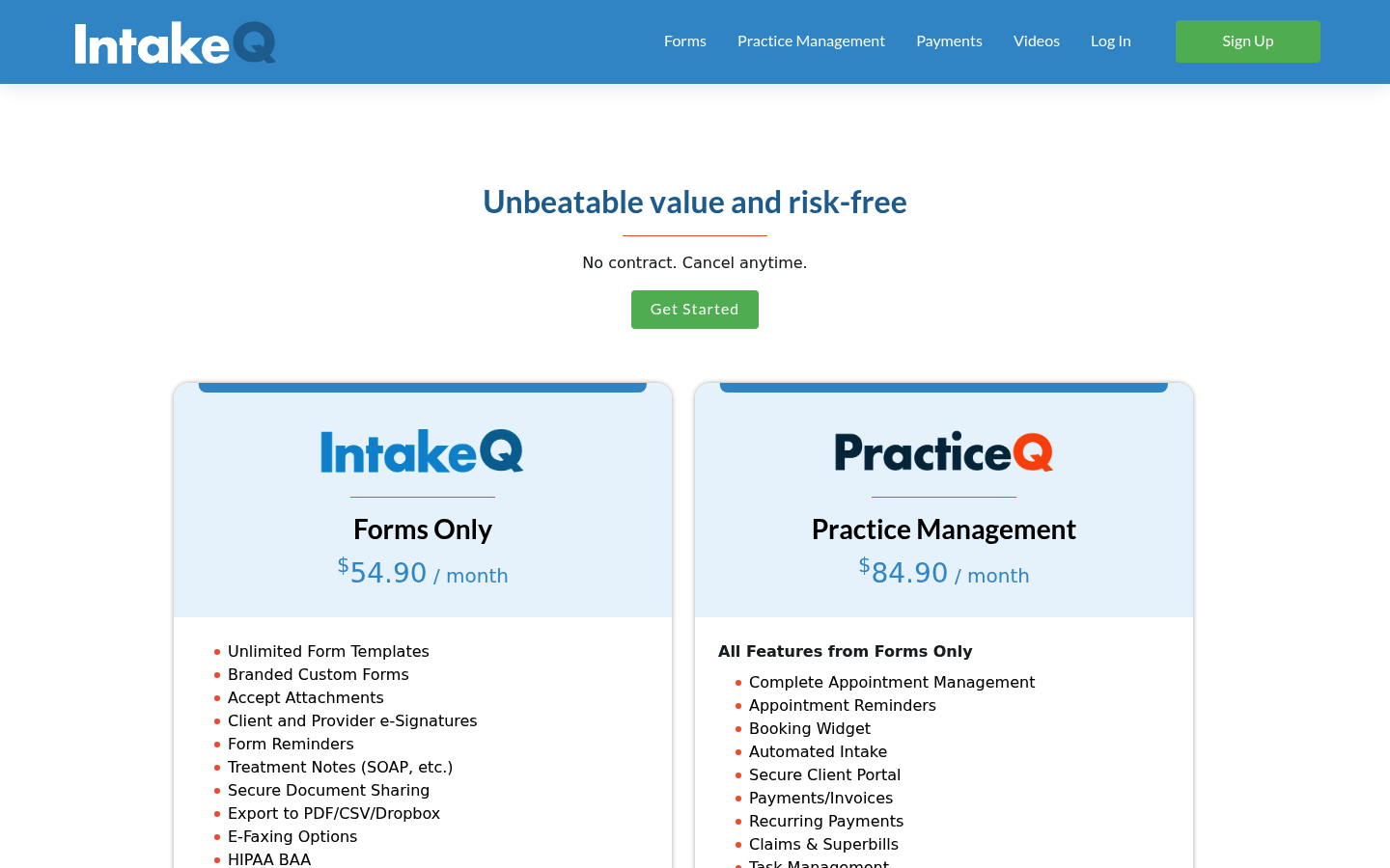 Screenshot of IntakeQ's pricing page showing its plans and prices