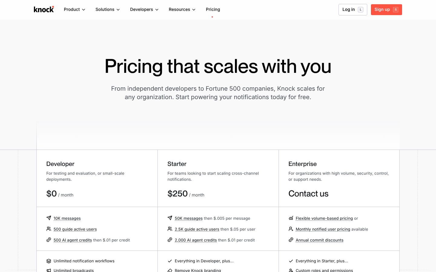 Screenshot of Knock's pricing page showing its plans and prices