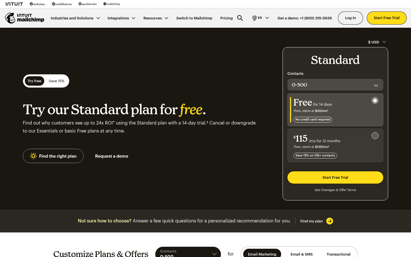 Screenshot of Mailchimp's pricing page showing its plans and prices