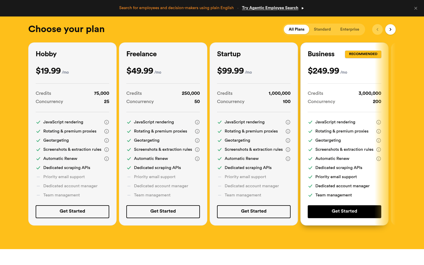 Screenshot of ScrapingBee's pricing page showing its plans and prices