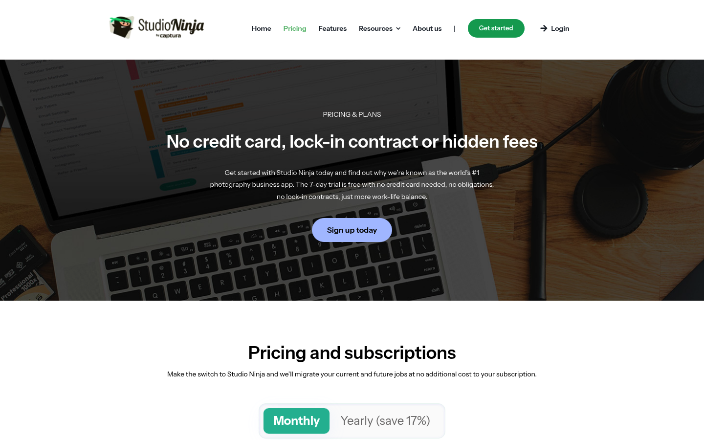 Screenshot of Studio Ninja's pricing page showing its plans and prices