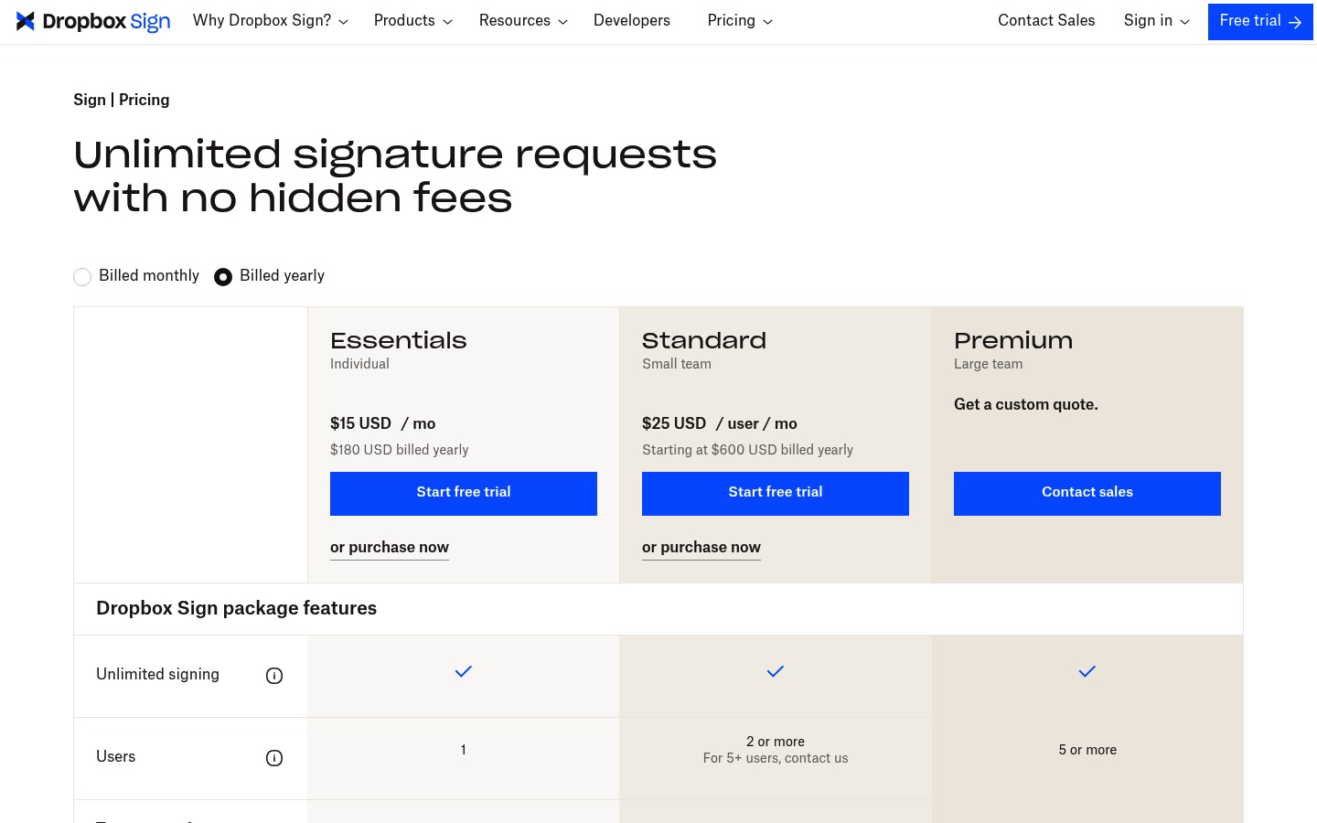 Screenshot of Dropbox Sign's pricing page showing its plans and prices