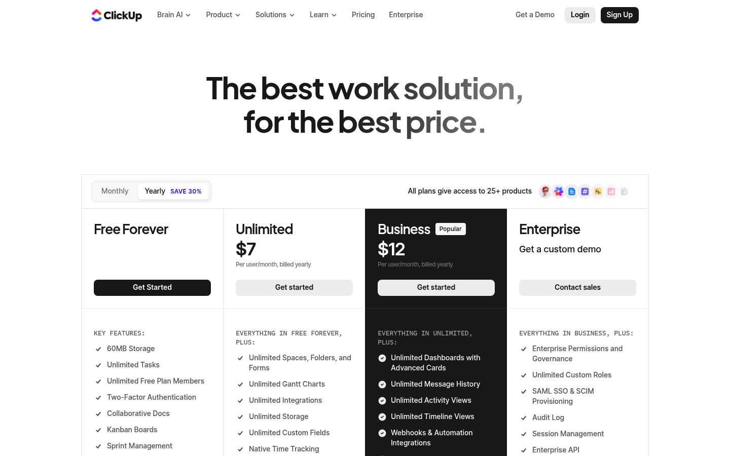 Screenshot of ClickUp's pricing page showing its plans and prices