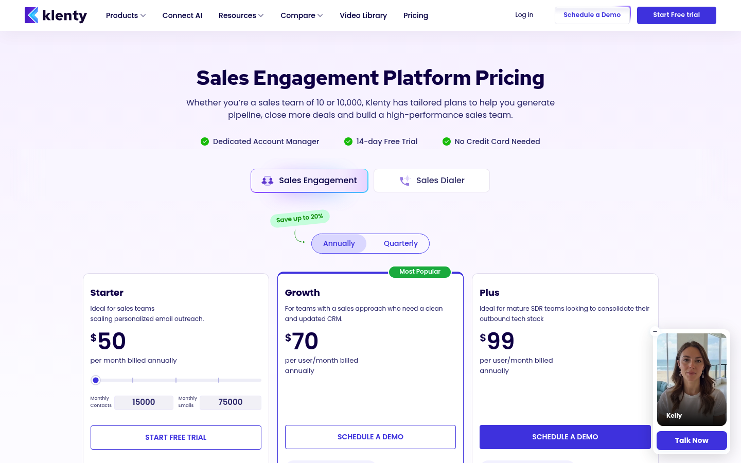 Screenshot of Klenty's pricing page showing its plans and prices