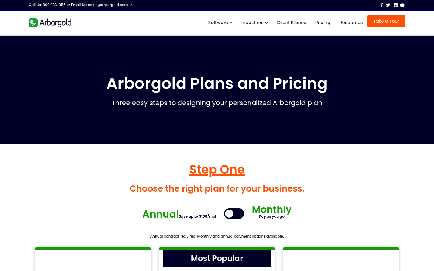 Screenshot of Arborgold's pricing page showing its plans and prices