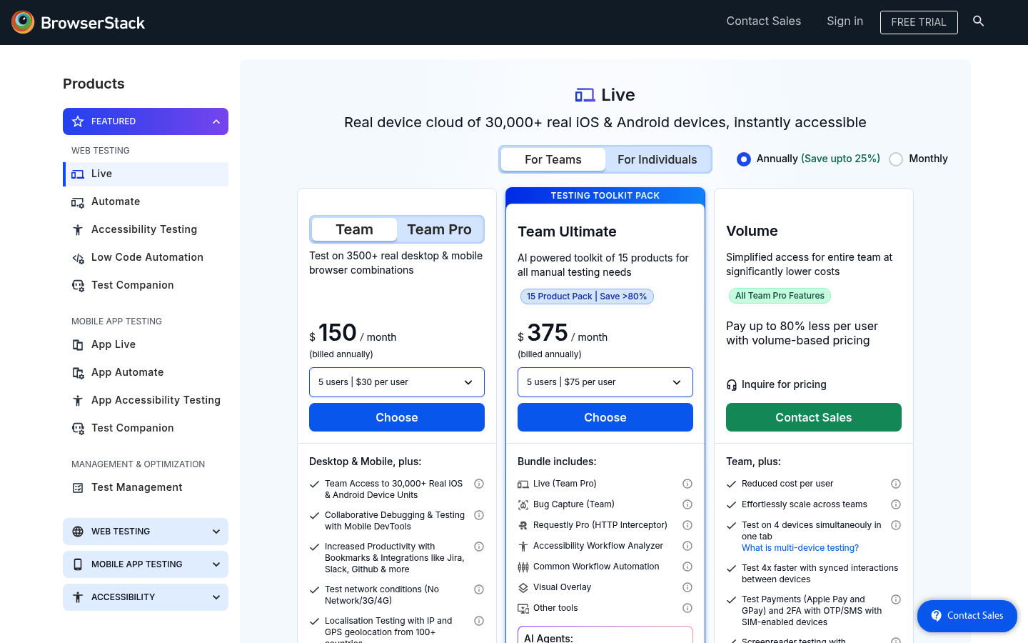 Screenshot of BrowserStack's pricing page showing its plans and prices