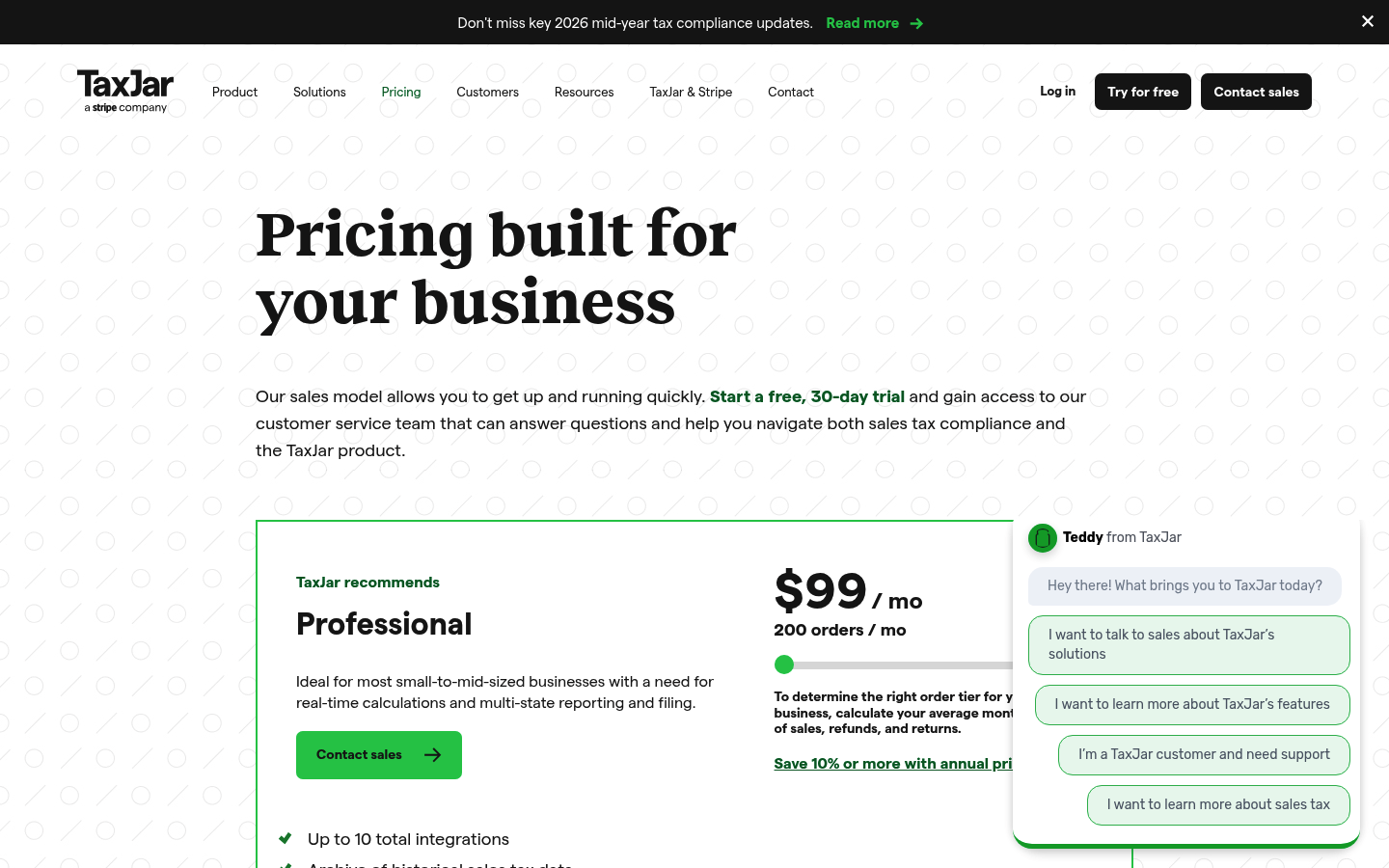 Screenshot of TaxJar's pricing page showing its plans and prices