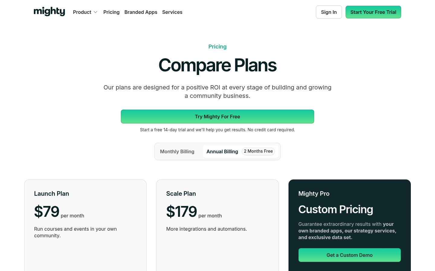 Screenshot of Mighty Networks's pricing page showing its plans and prices