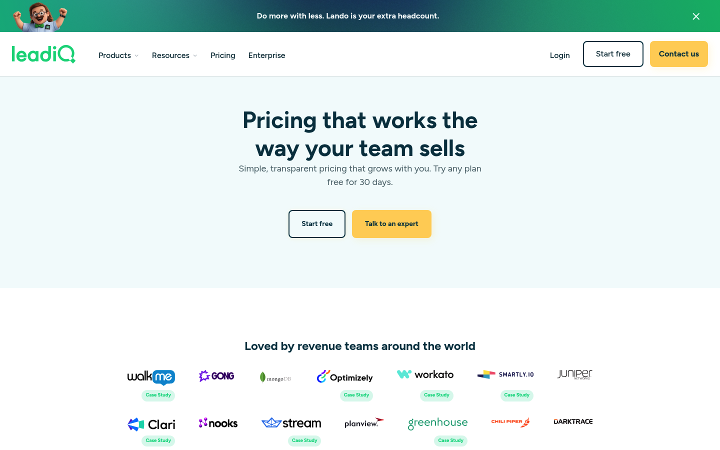 Screenshot of LeadIQ's pricing page showing its plans and prices