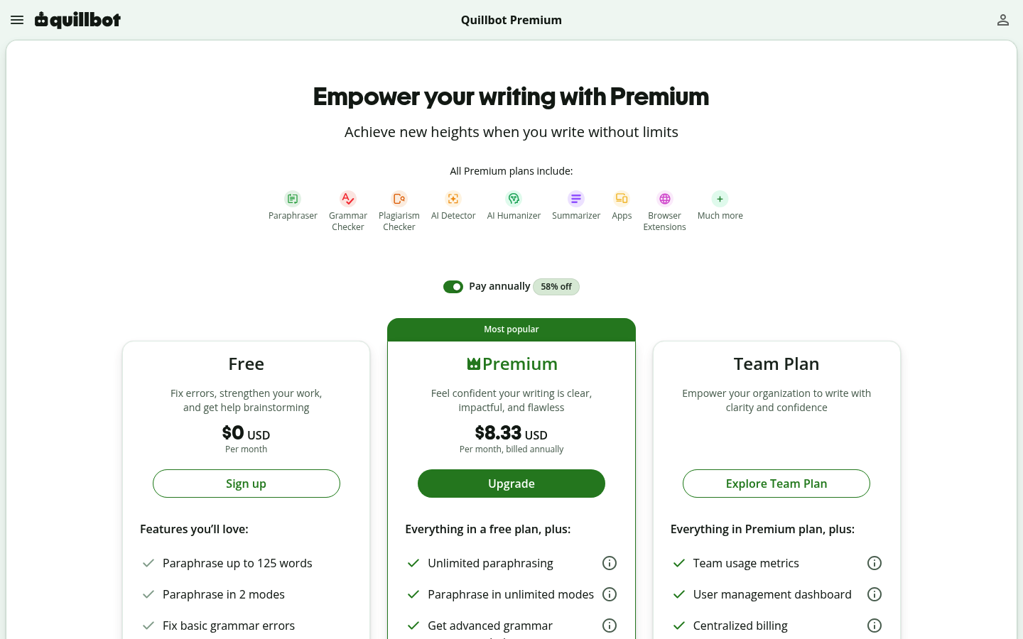 Screenshot of QuillBot's pricing page showing its plans and prices