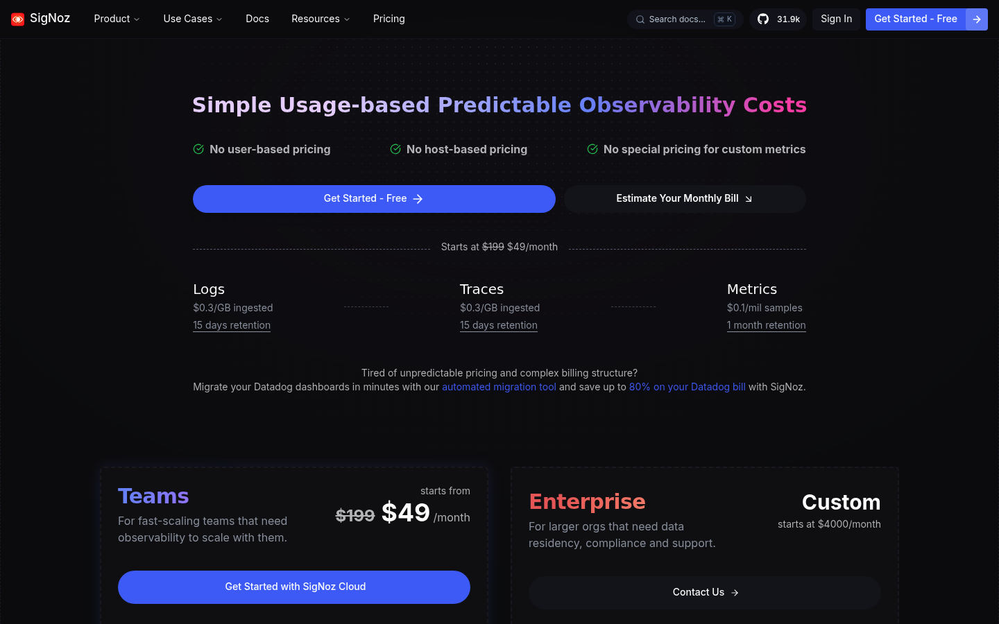 Screenshot of SigNoz's pricing page showing its plans and prices