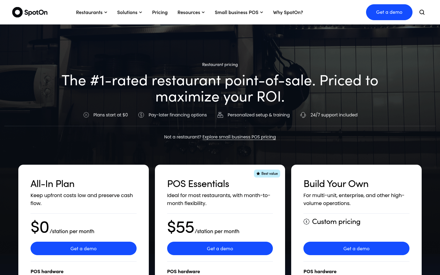 Screenshot of SpotOn's pricing page showing its plans and prices