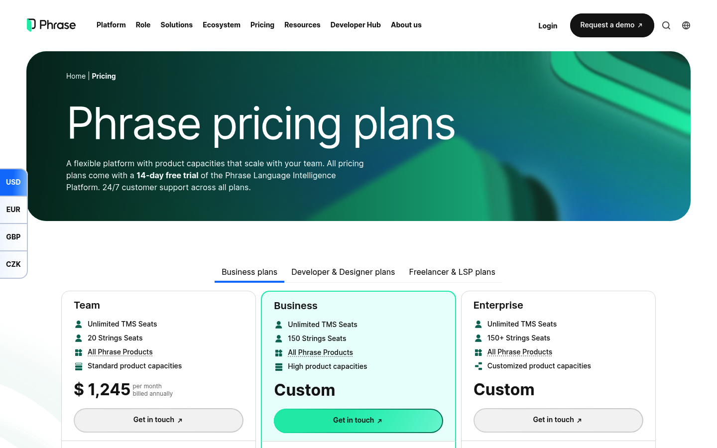 Screenshot of Phrase's pricing page showing its plans and prices