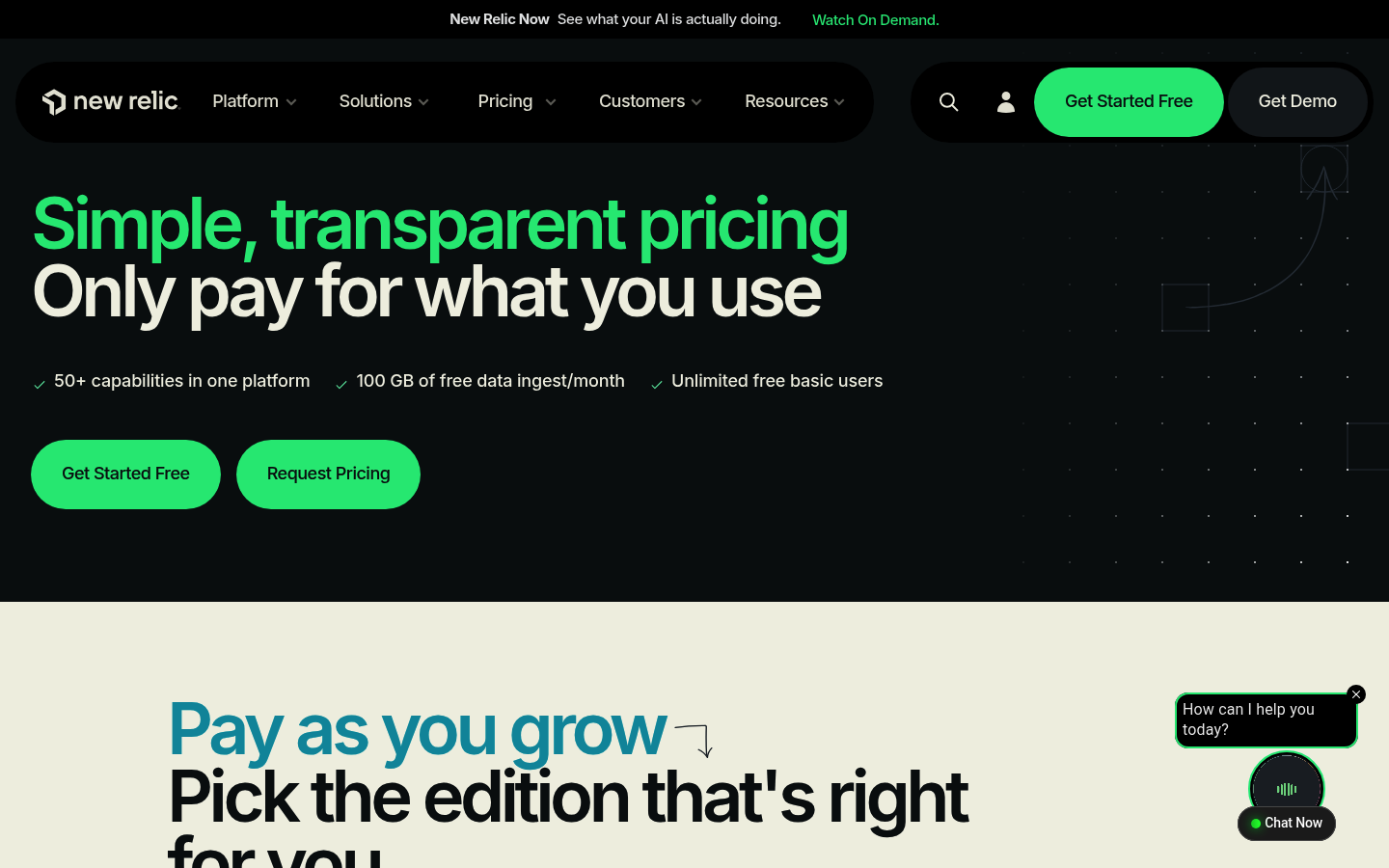 Screenshot of New Relic's pricing page showing its plans and prices
