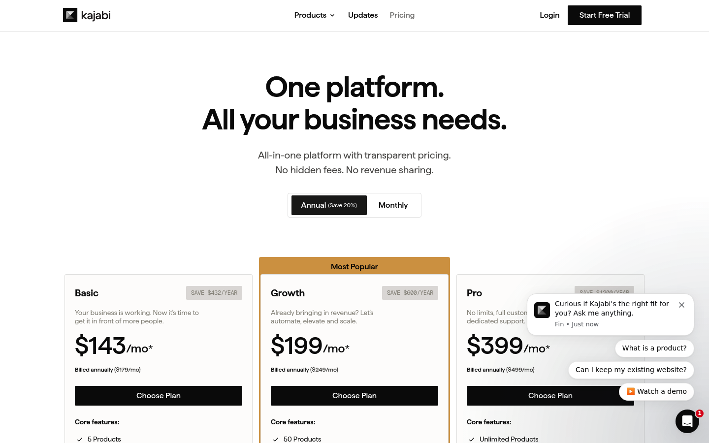 Screenshot of Kajabi's pricing page showing its plans and prices