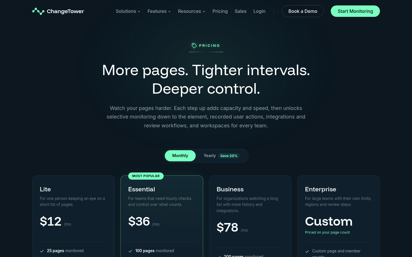Screenshot of ChangeTower's pricing page showing its plans and prices