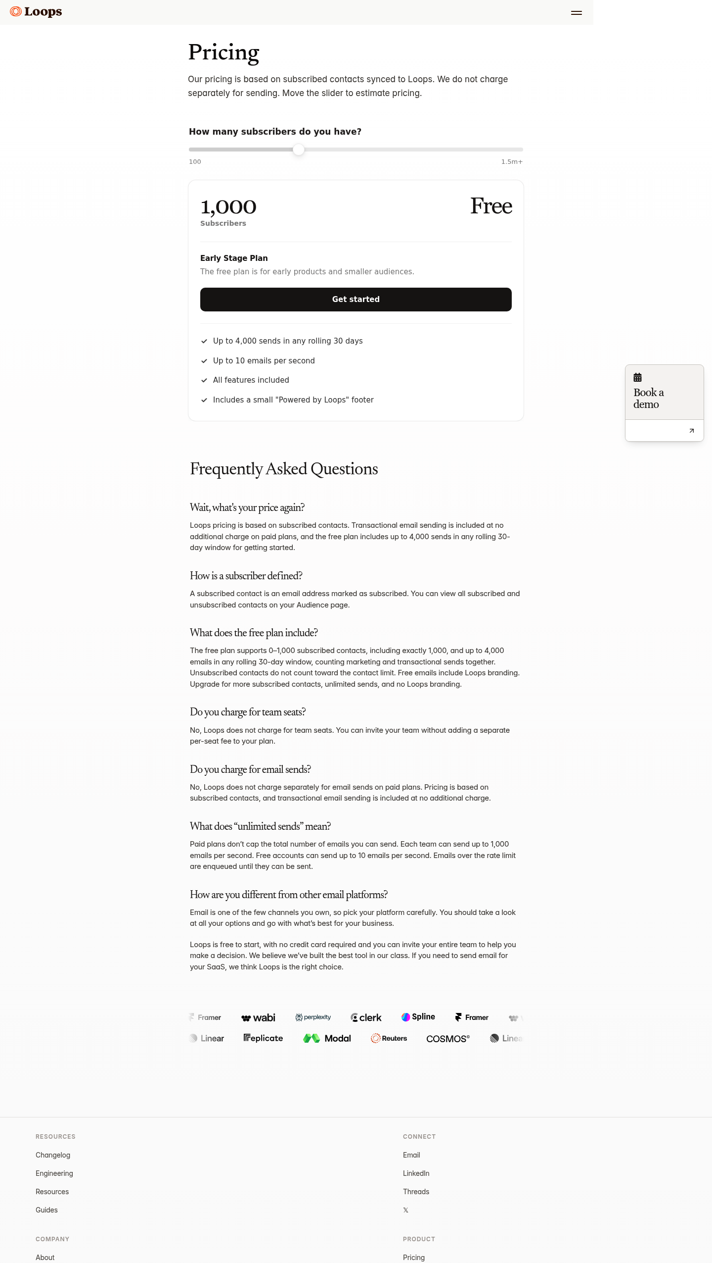 Screenshot of Loops's pricing page showing its plans and prices