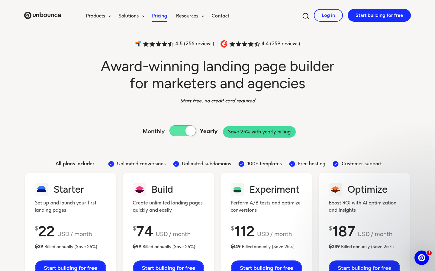 Screenshot of Unbounce's pricing page showing its plans and prices