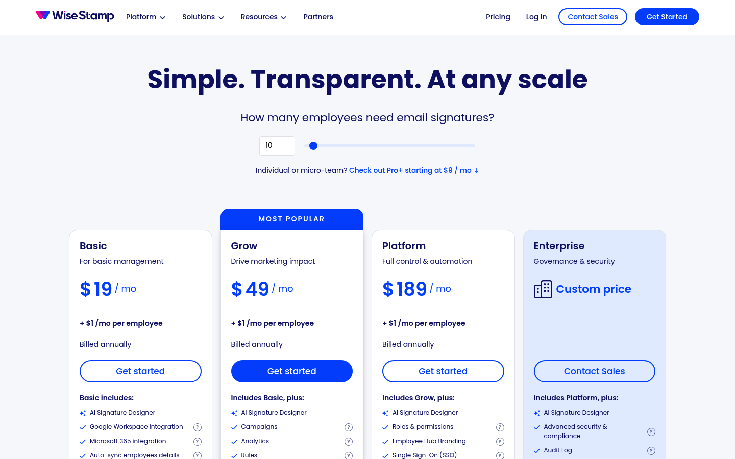 Screenshot of WiseStamp's pricing page showing its plans and prices