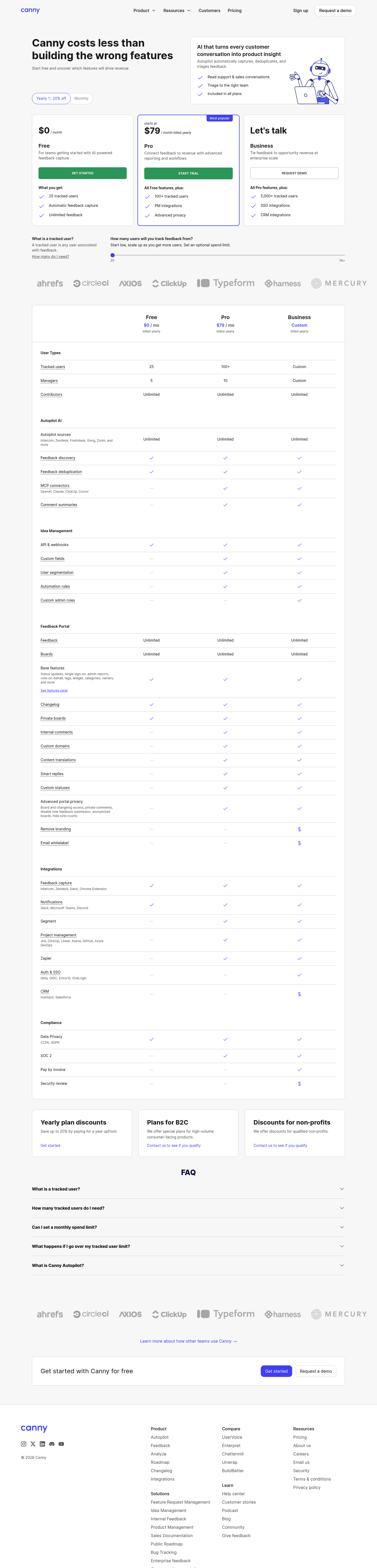Screenshot of Canny's pricing page showing its plans and prices