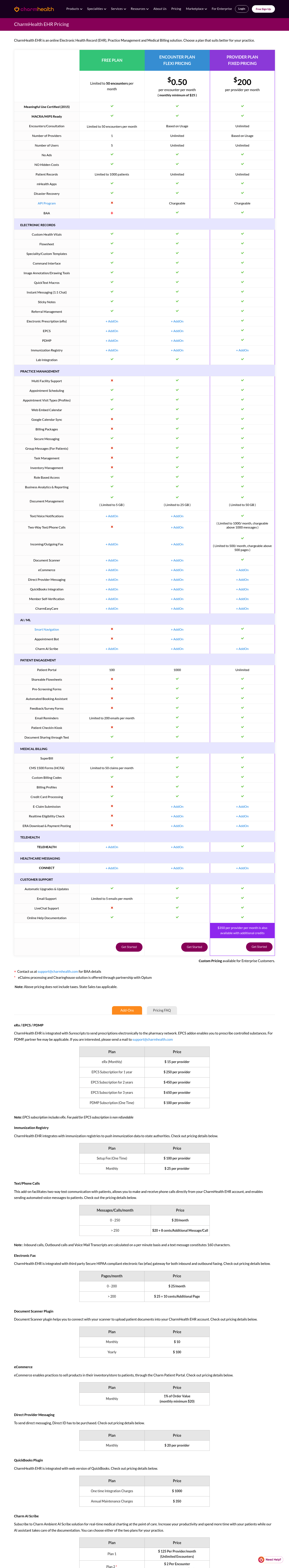 Screenshot of CharmHealth's pricing page showing its plans and prices