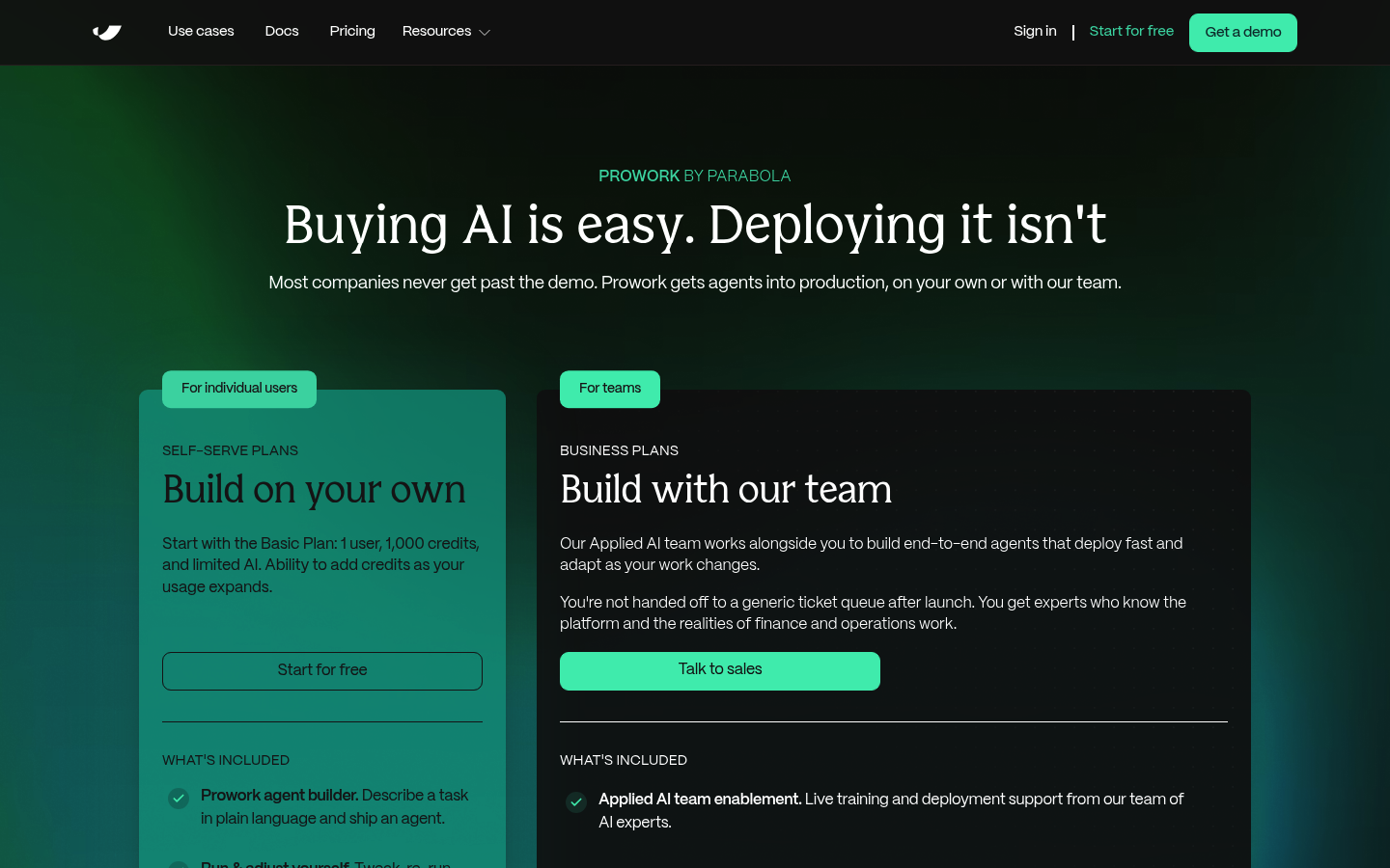 Screenshot of Parabola's pricing page showing its plans and prices