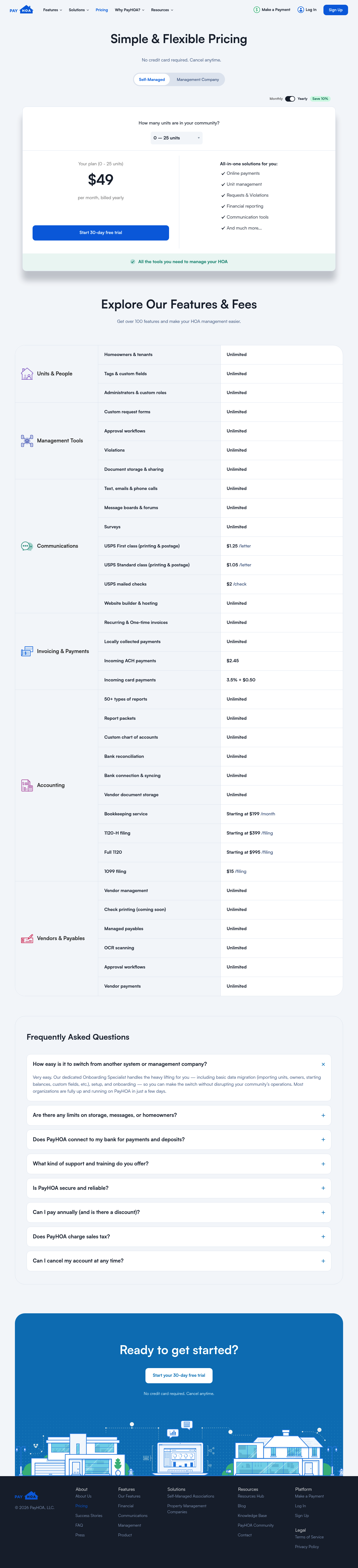 Screenshot of PayHOA's pricing page showing its plans and prices