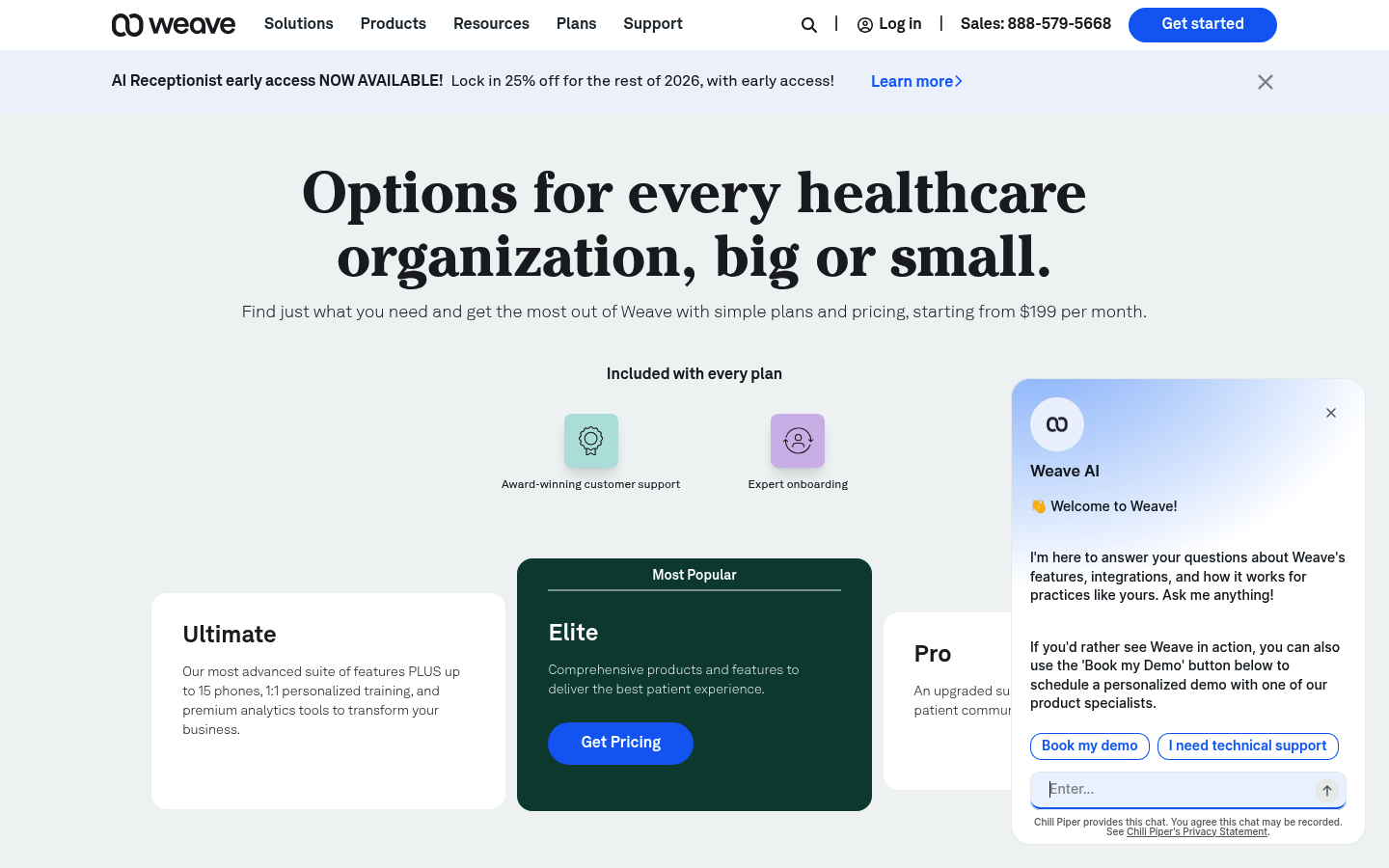 Screenshot of Weave's pricing page showing its plans and prices