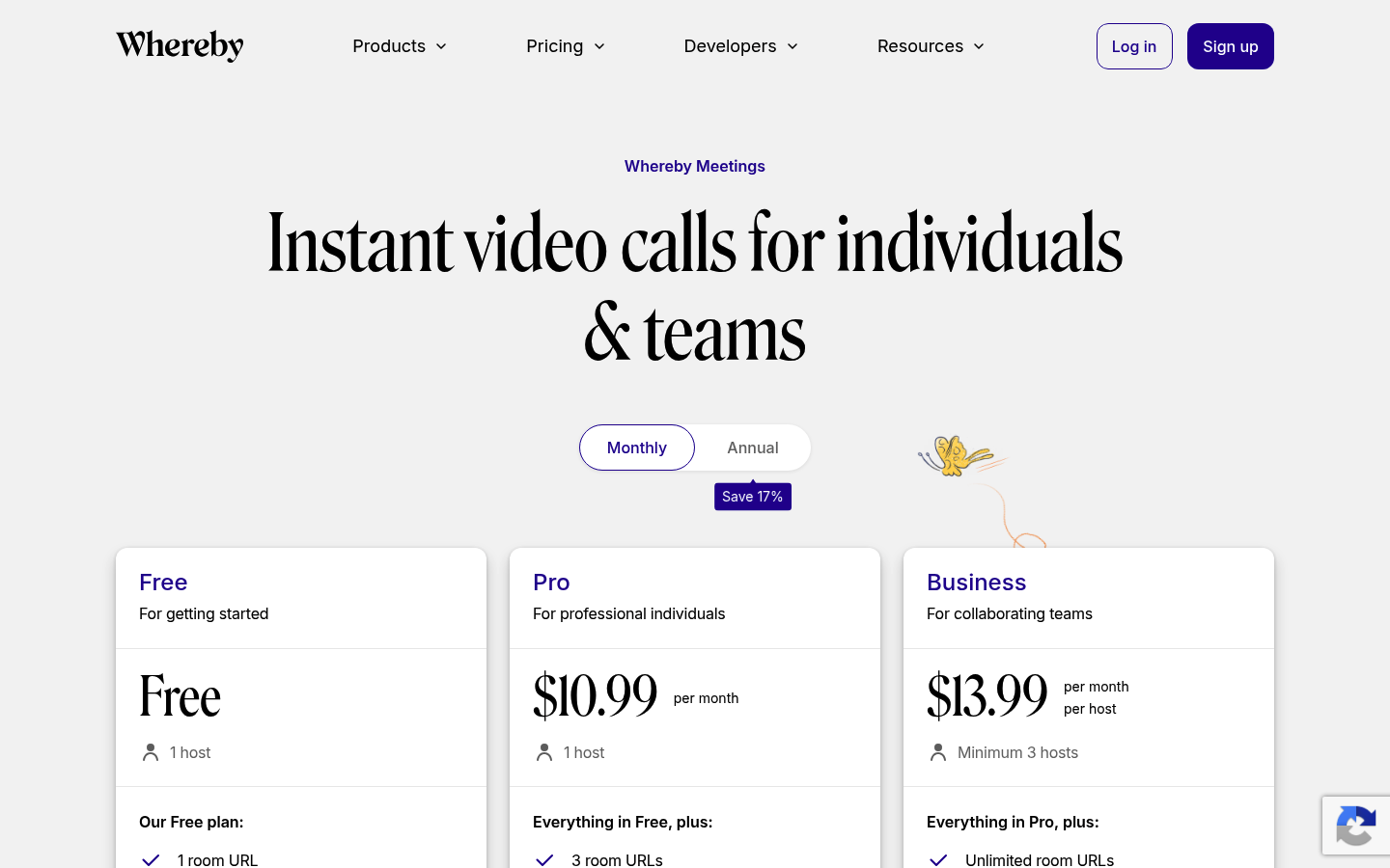 Screenshot of Whereby's pricing page showing its plans and prices
