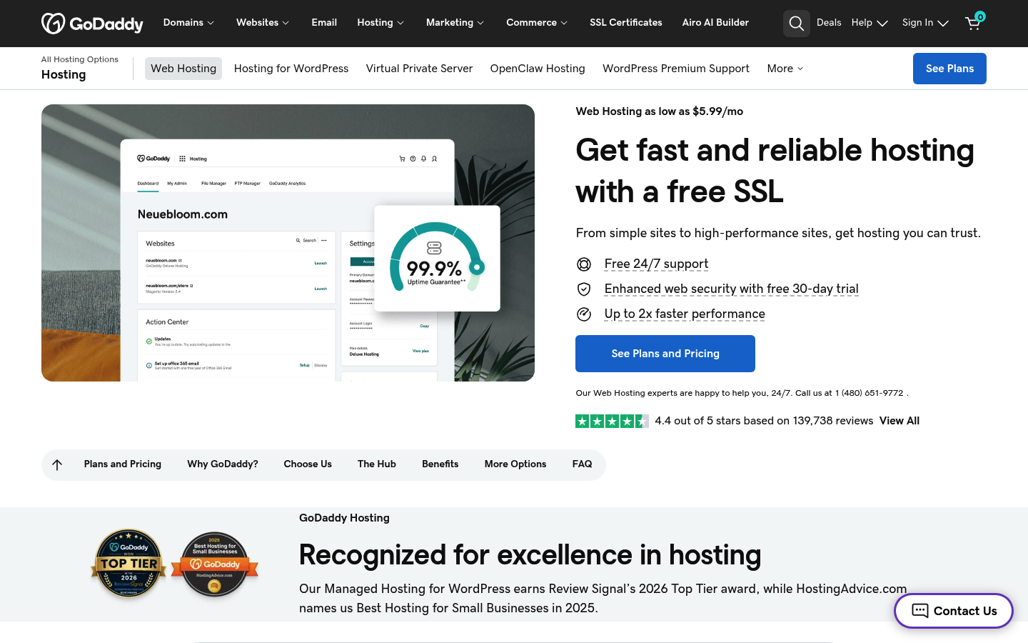 Screenshot of GoDaddy's pricing page showing its plans and prices