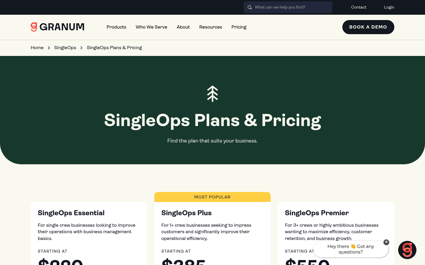 Screenshot of SingleOps's pricing page showing its plans and prices