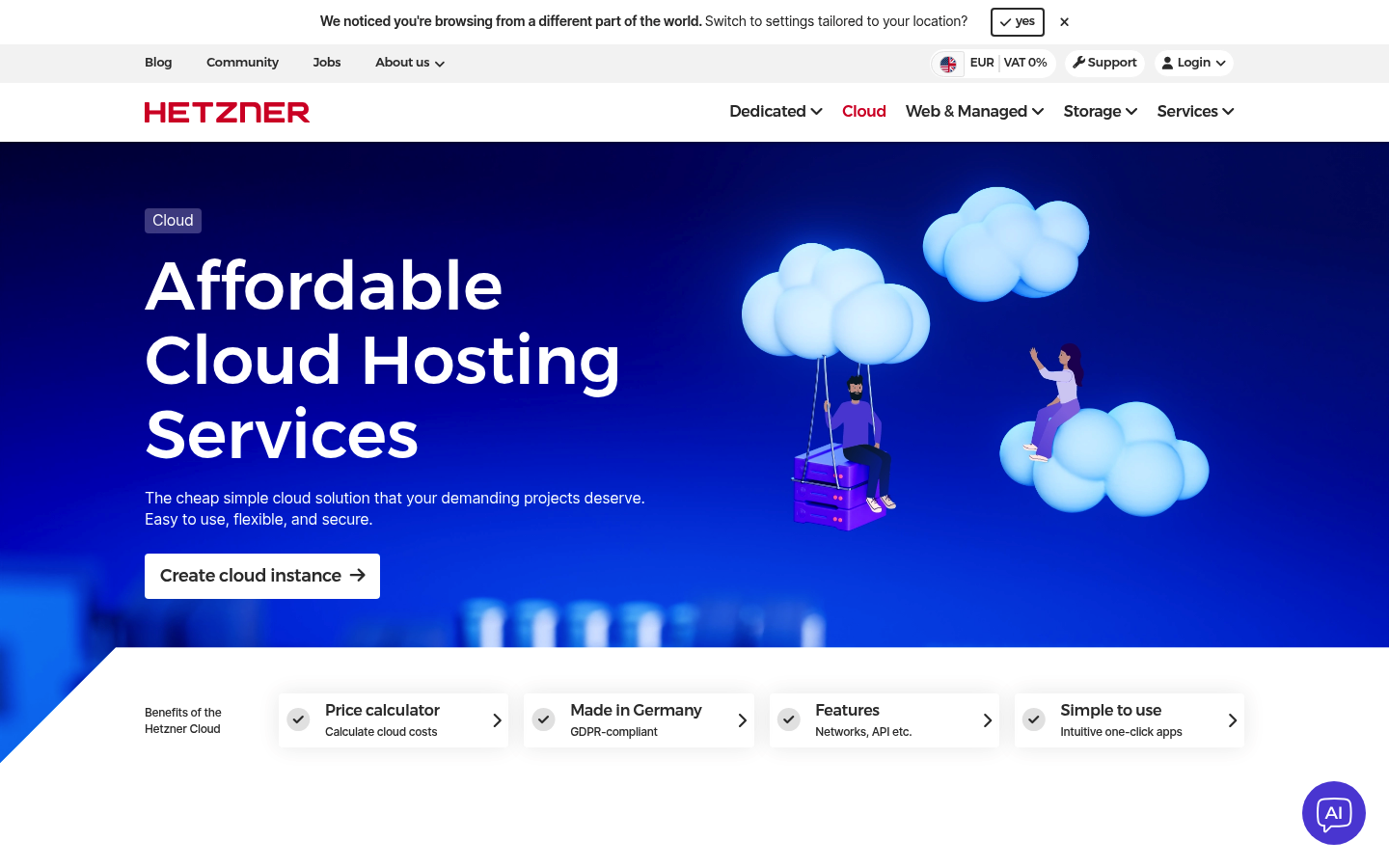 Screenshot of Hetzner's pricing page showing its plans and prices