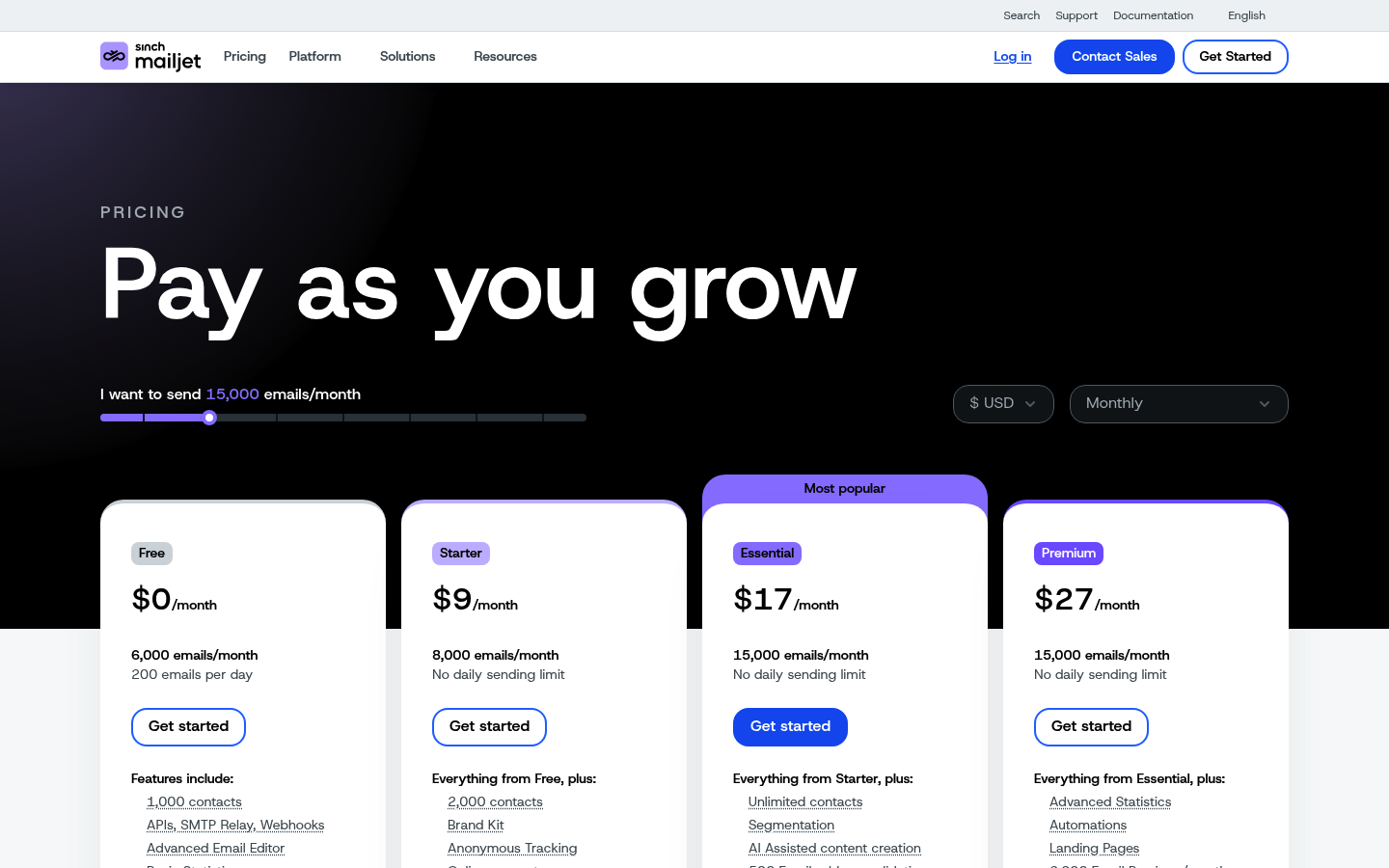 Screenshot of Mailjet's pricing page showing its plans and prices