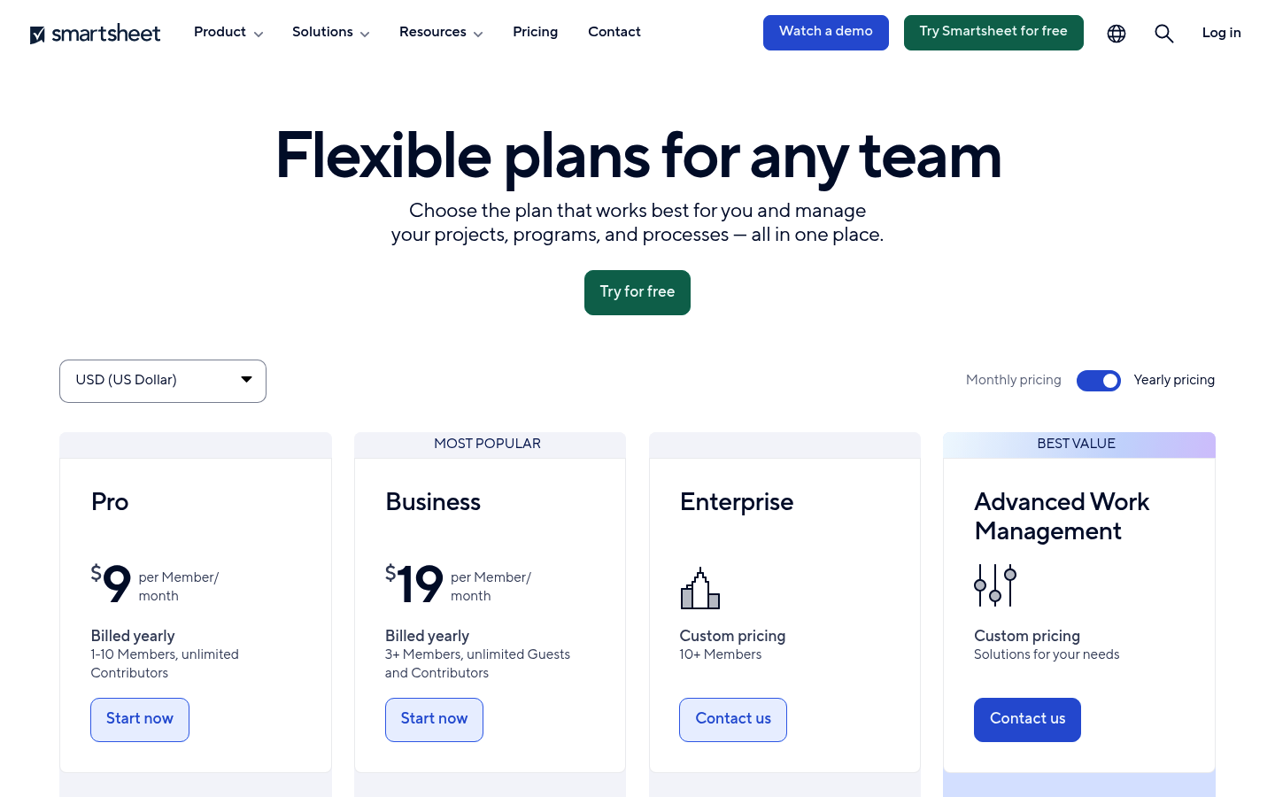 Screenshot of Smartsheet's pricing page showing its plans and prices