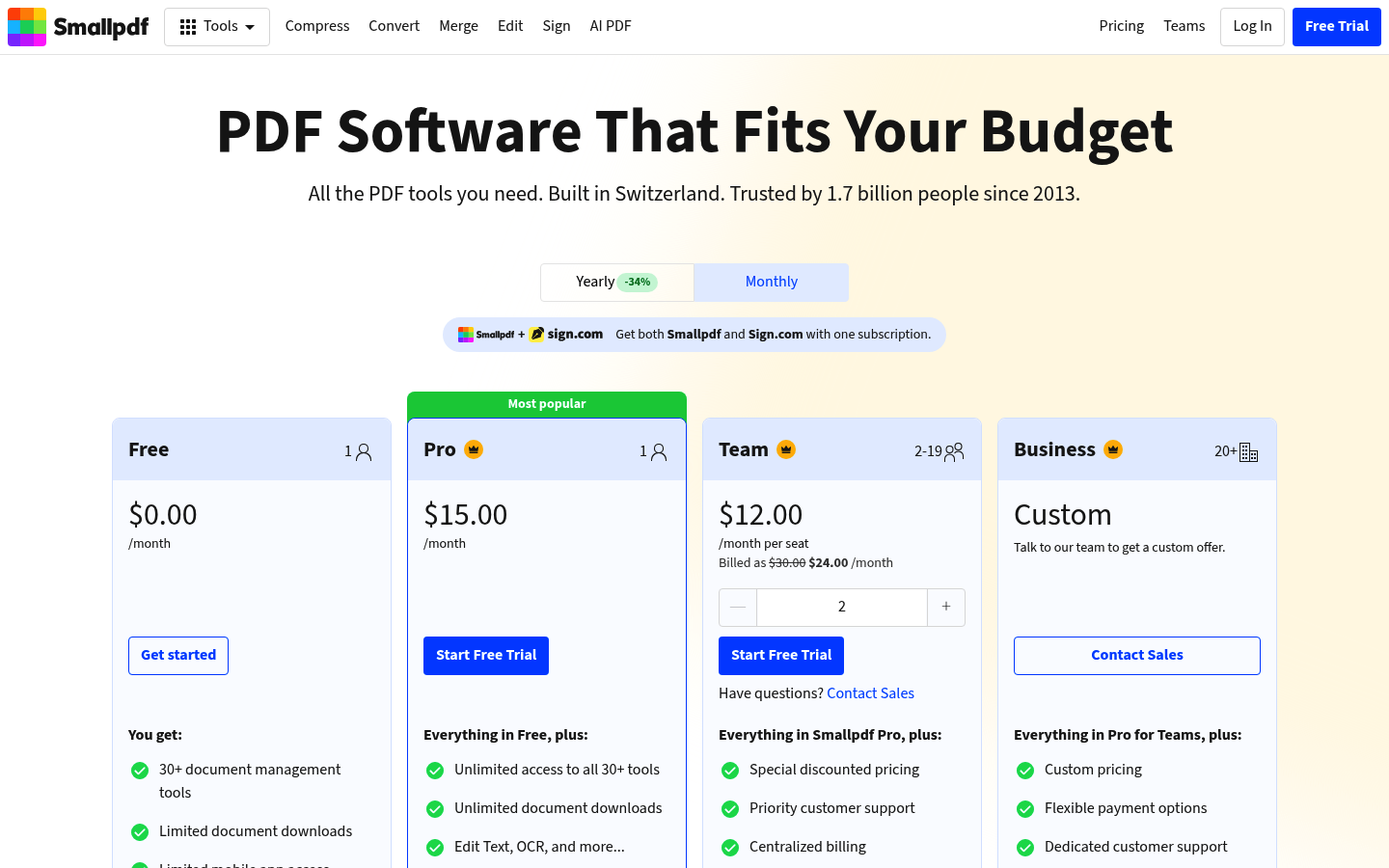 Screenshot of Smallpdf's pricing page showing its plans and prices