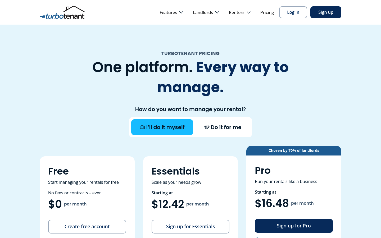 Screenshot of TurboTenant's pricing page showing its plans and prices
