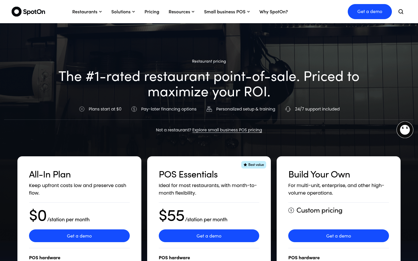 Screenshot of SpotOn's pricing page showing its plans and prices