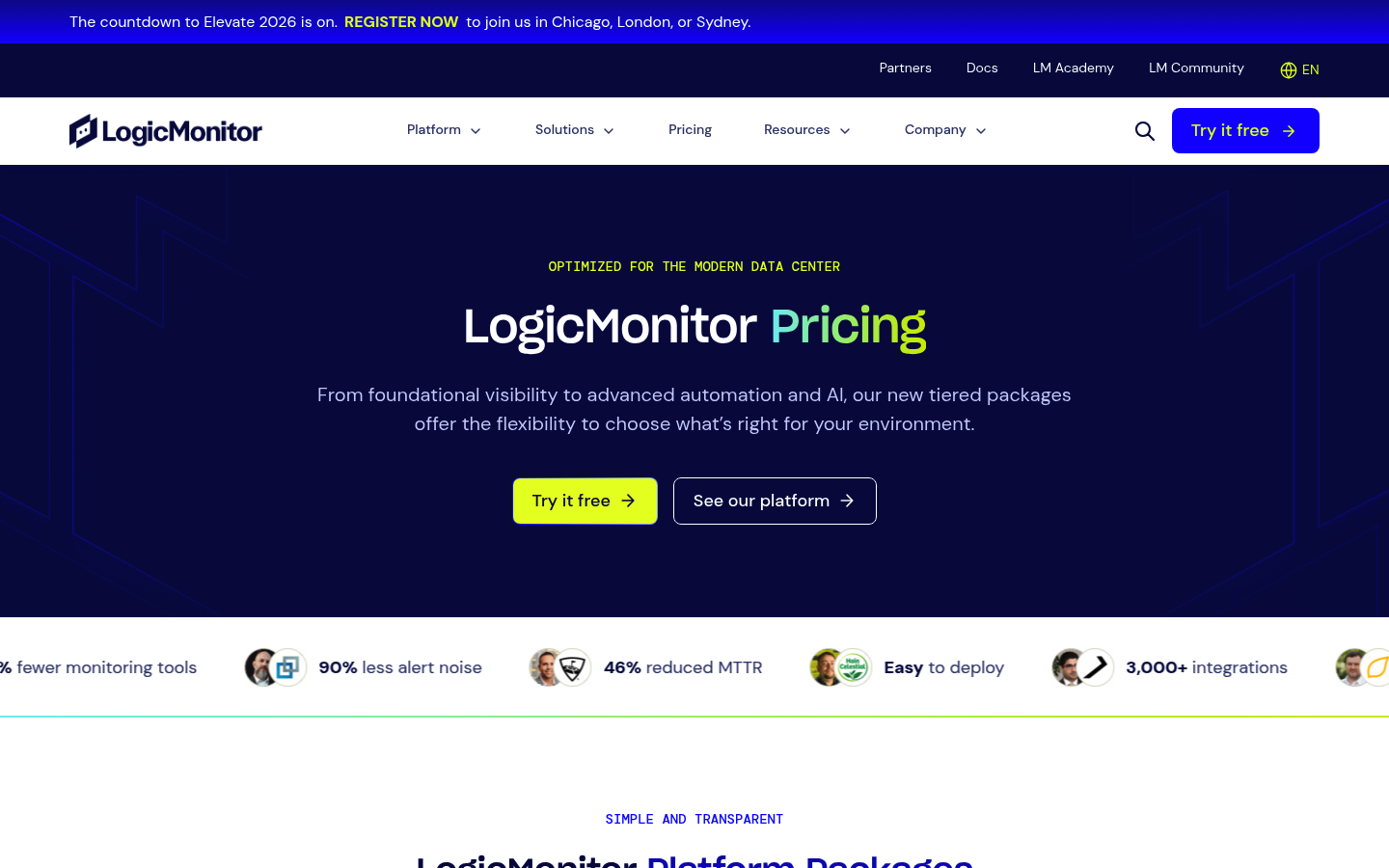 Screenshot of LogicMonitor's pricing page showing its plans and prices