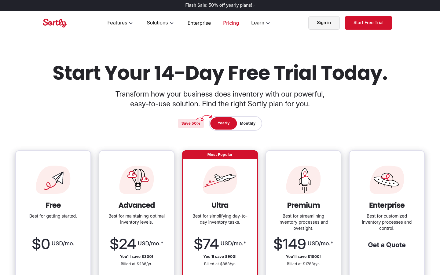 Screenshot of Sortly's pricing page showing its plans and prices
