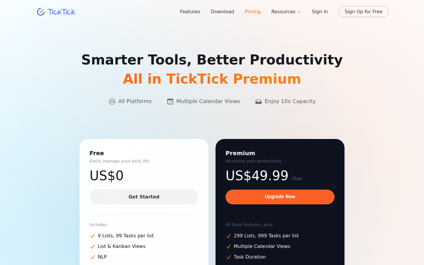 Screenshot of TickTick's pricing page showing its plans and prices