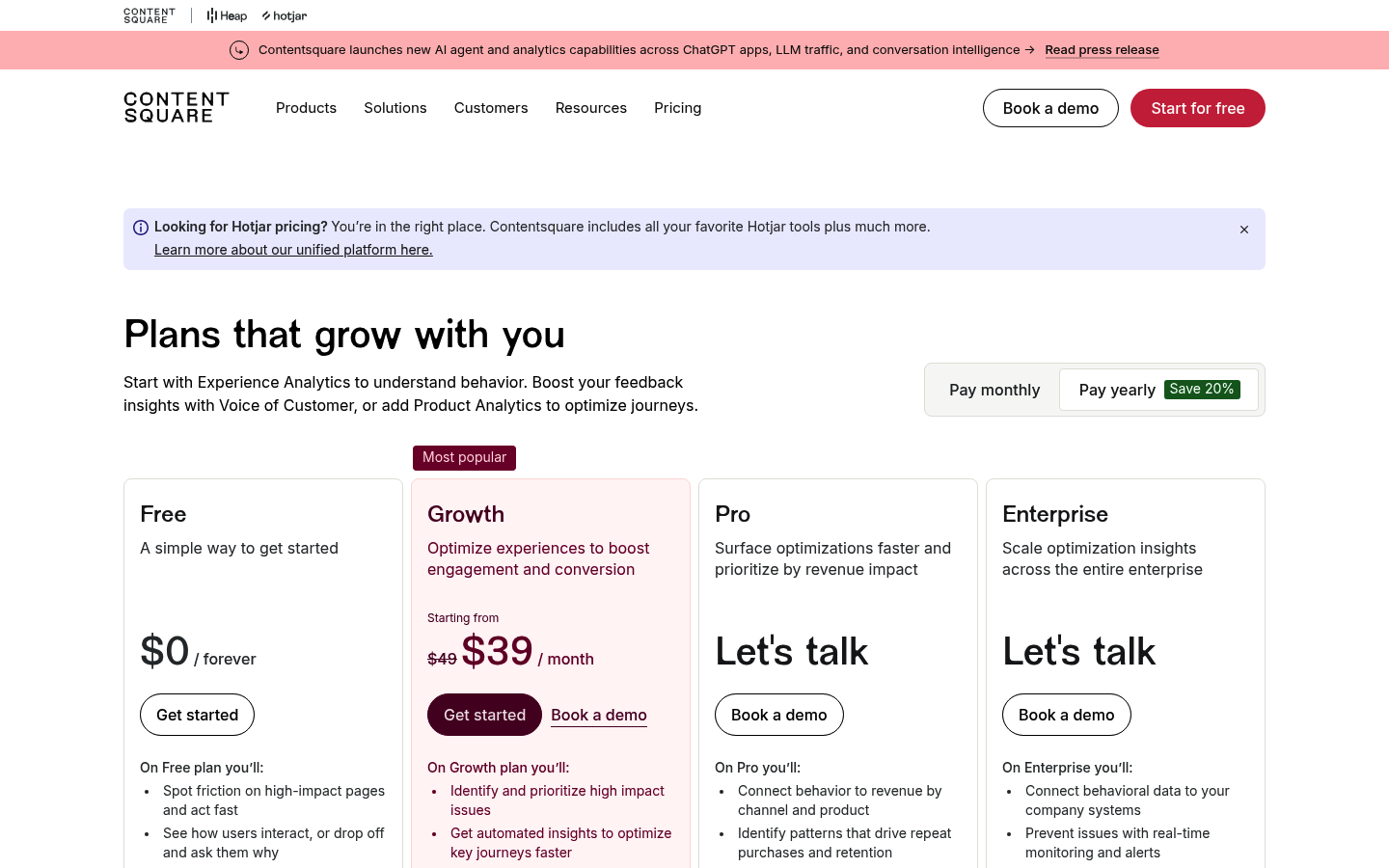 Screenshot of Hotjar's pricing page showing its plans and prices