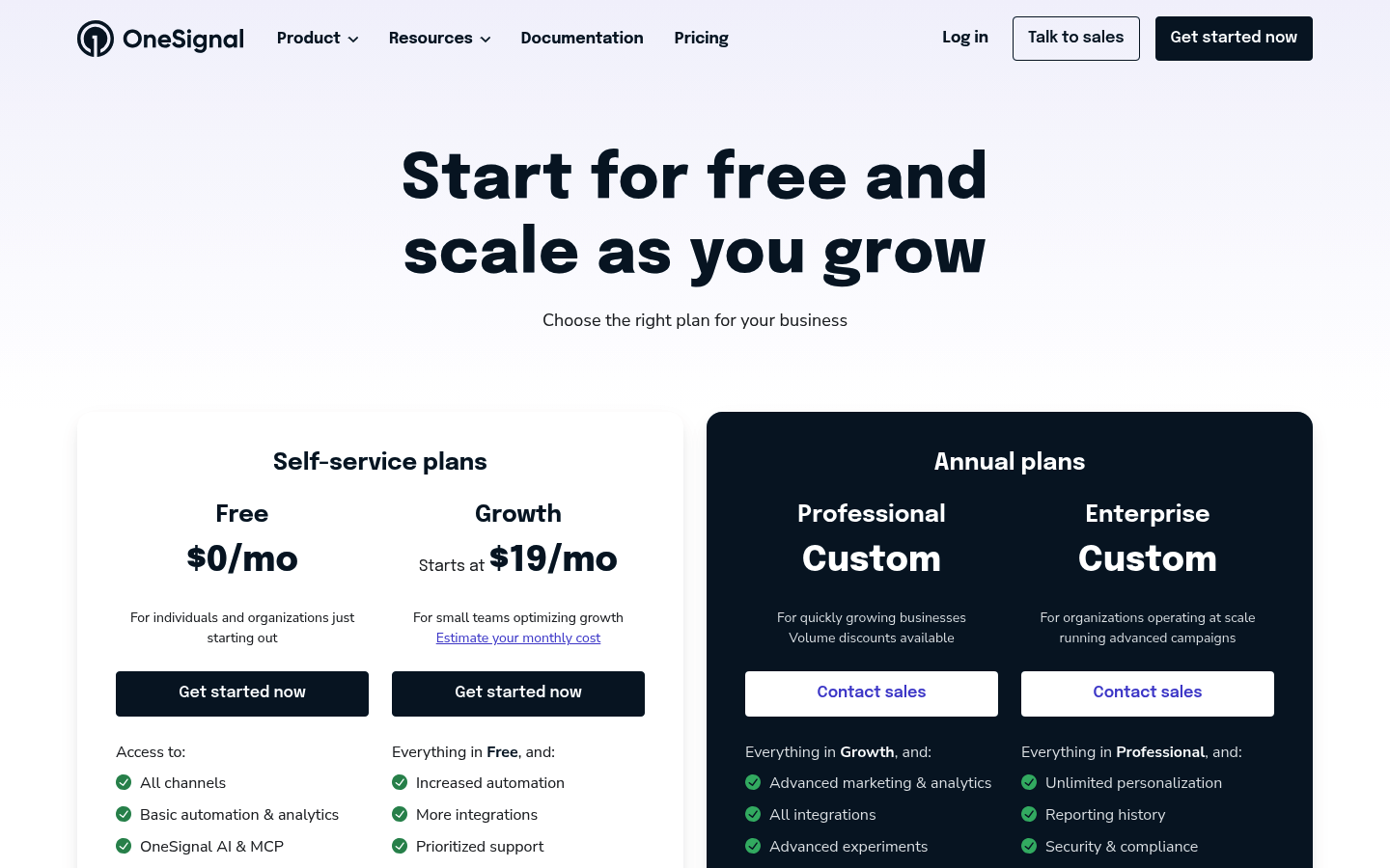 Screenshot of OneSignal's pricing page showing its plans and prices