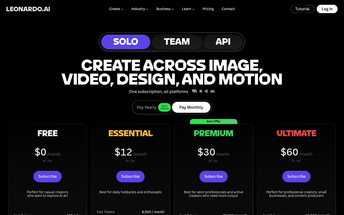 Screenshot of Leonardo AI's pricing page showing its plans and prices