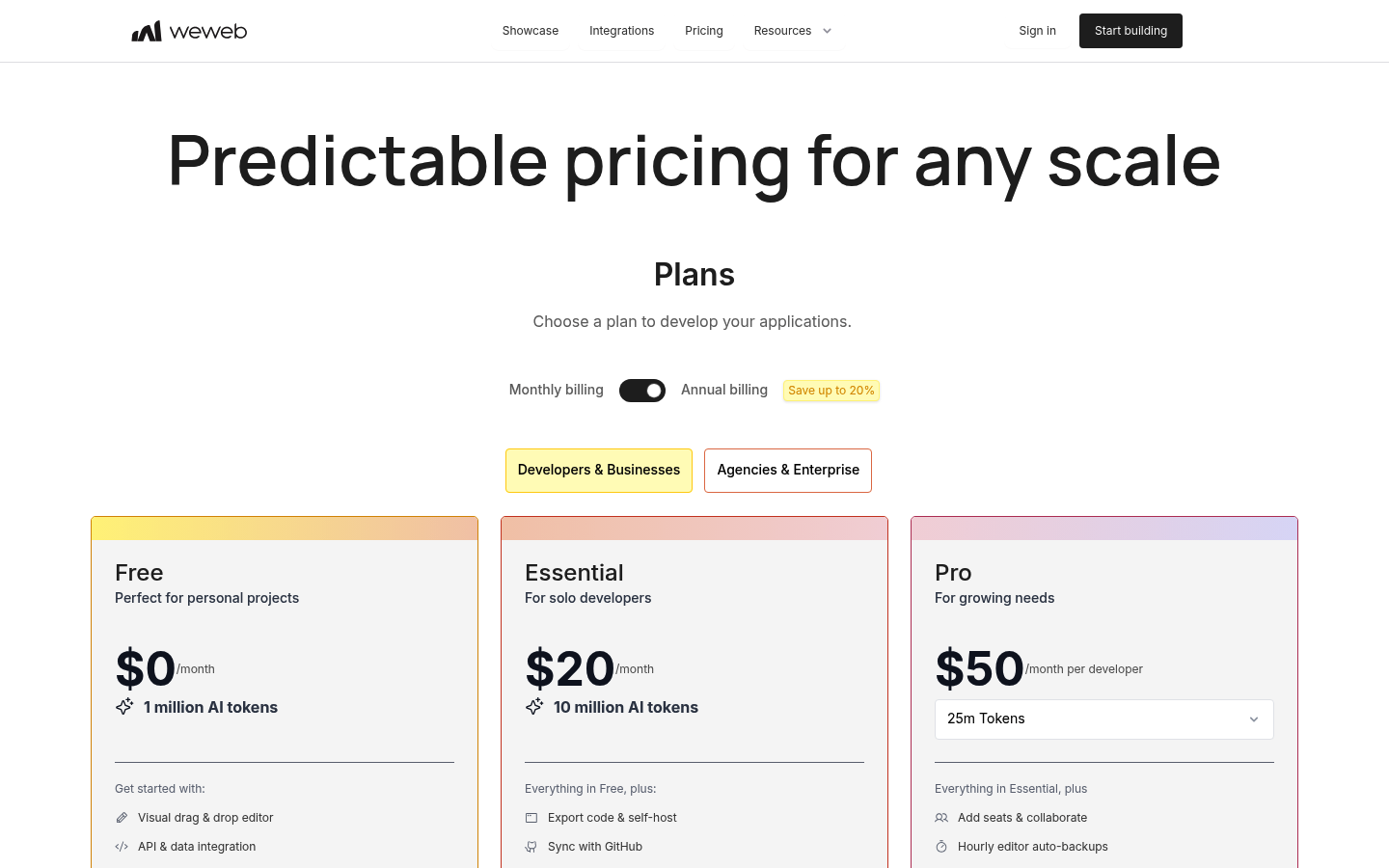 Screenshot of WeWeb's pricing page showing its plans and prices